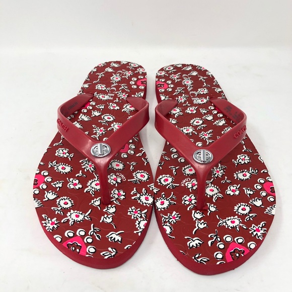 Coach Abbigail Flip Flops Sandals Red Floral 9 - Picture 6 of 8